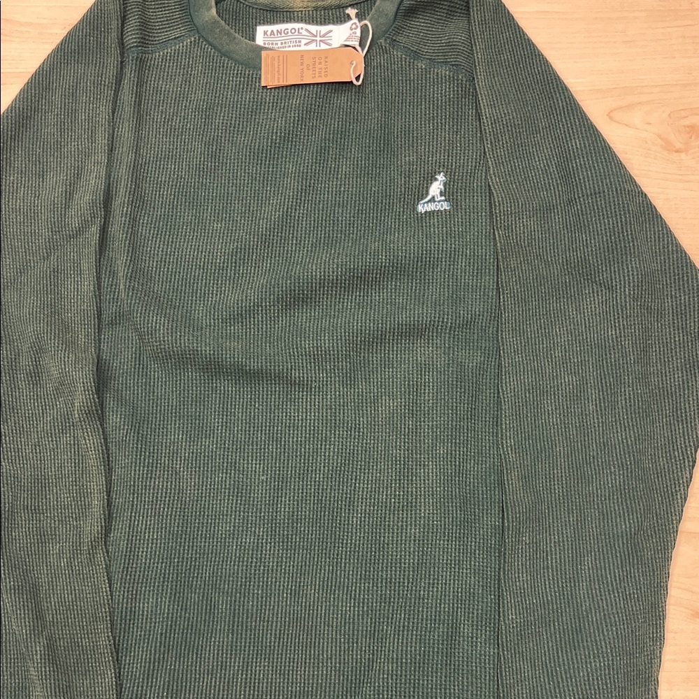 Kangol Acid Wash Forest Green Waffle Textured Long Sleeve Shirt